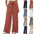 thumbnail image 1 of Women's Lightweight Casual Loose Pants, Mid Elastic Waist Drawstring, Multi-Pockets Solid Color, Lounge Beach Business Outdoor, Womens Trousers | VerBelle,Red L, 1 of 9