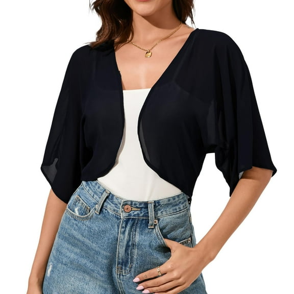 Women's Lightweight Chiffon Cropped Cardigan Open Front 3/4 Sleeve Sheer Cover Up for Dresses and Tops