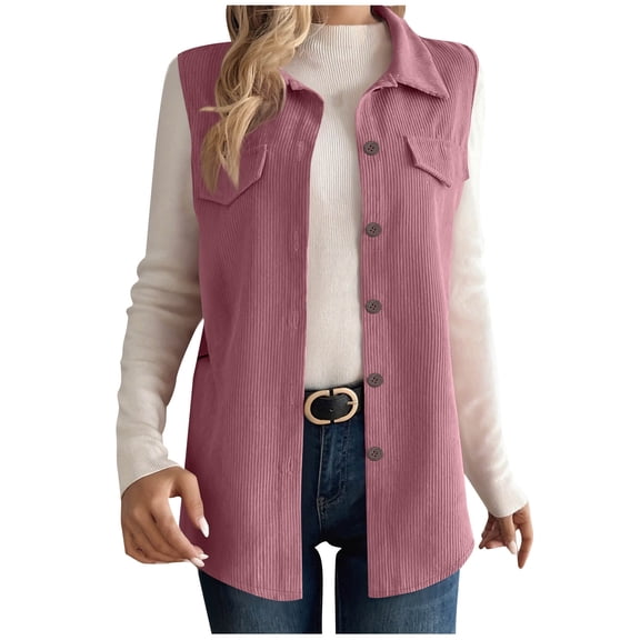 Women's Lightweight Collared Vest Corduroy Button Front Sleeveless Jacket with Pocket Outerwear Shirt Jackets Pink, XL