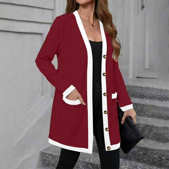 Women's Lightweight Color-Block Mid-Length Coat, Button-Down Jacket with Pockets, Casual Outerwear for Women, Comfortable Light Jacket for Spring and Fall, Modern Two-Tone Design Coat Wine M