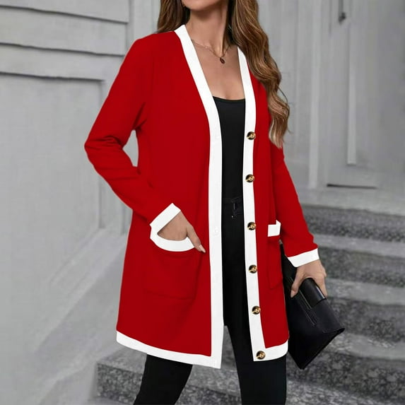 Women's Lightweight Color-Block Mid-Length Coat, Button-Down Jacket with Pockets, Casual Outerwear for Women, Comfortable Light Jacket for Spring and Fall, Modern Two-Tone Design Coat Red XXXXL