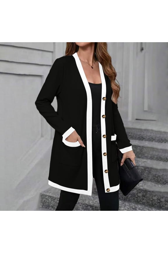 Women's Lightweight Color-Block Mid-Length Coat, Button-Down Jacket with Pockets, Casual Outerwear for Women, Comfortable Light Jacket for Spring and Fall, Modern Two-Tone Design Coat Black XXL