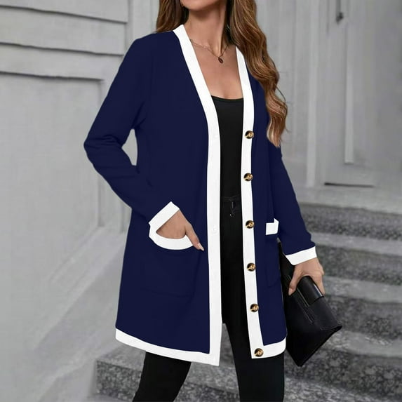 Women's Lightweight Color-Block Mid-Length Coat, Button-Down Jacket with Pockets, Casual Outerwear for Women, Comfortable Light Jacket for Spring and Fall, Modern Two-Tone Design Coat Navy XXXXXL