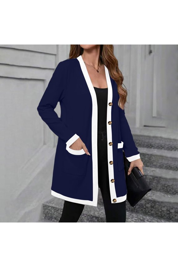 Women's Lightweight Color-Block Mid-Length Coat, Button-Down Jacket with Pockets, Casual Outerwear for Women, Comfortable Light Jacket for Spring and Fall, Modern Two-Tone Design Coat Navy XXXXXL