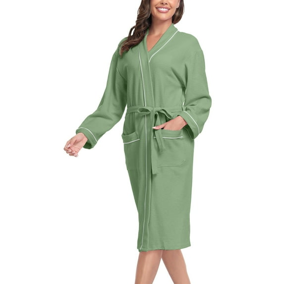 Women's Lightweight Cotton Bathrobe, Absorbent Spa Robe with Front Pockets, Soft Terry Cloth Dressing Gown for Hotel Style Luxury, Home Relaxation and After Shower Comfort Green