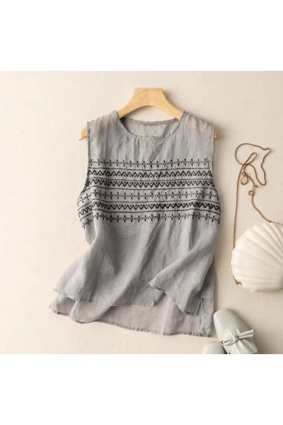 Women's Lightweight Cotton Linen Sleeveless Cami Tank Top, Solid Embroidery Vintage Loose Round Neck Top Gray XXXL