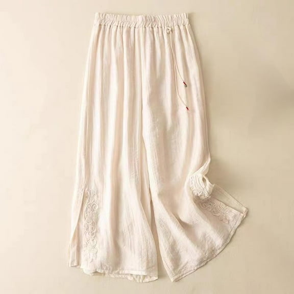 Women's Lightweight Cotton Wide Leg Culotte Pants - Boho Cropped Embroidered Elastic Waist Palazzo Trousers for Summer, Loose Casual Lounge Beige M-3XL