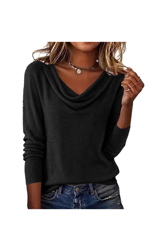 Women's Lightweight Cowl Neck Sweater, Soft Knit Pullover Top, Long Sleeve Comfort Wear, Everyday Basic Sweater, Fall Winter Layering Piece, Breathable Casual Blouse Black L