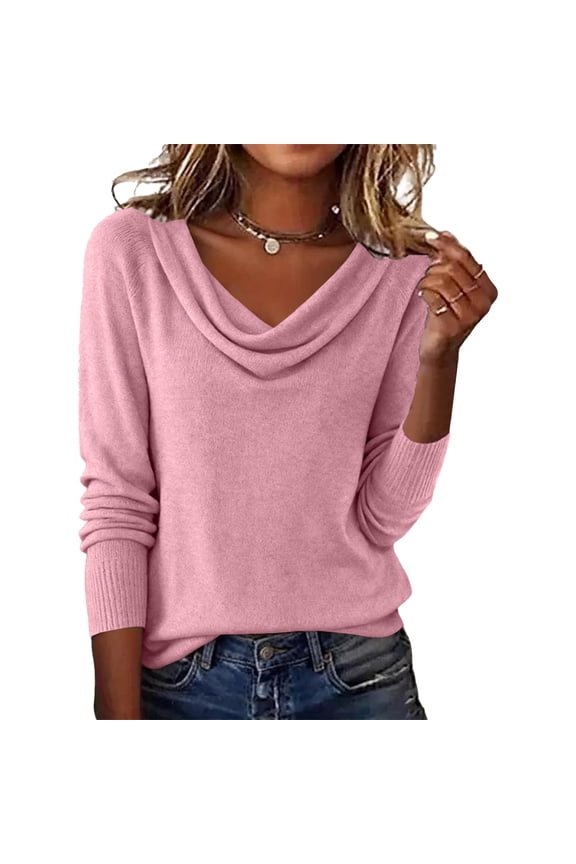 Women's Lightweight Cowl Neck Sweater, Soft Knit Pullover Top, Long Sleeve Comfort Wear, Everyday Basic Sweater, Fall Winter Layering Piece, Breathable Casual Blouse Pink L