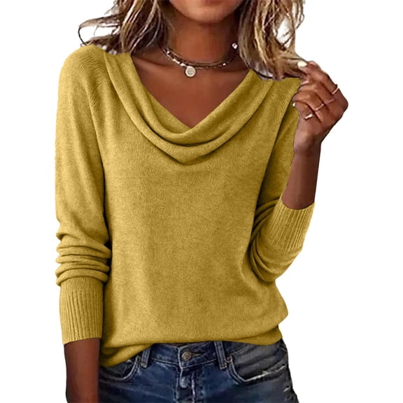 Women's Lightweight Cowl Neck Sweater, Soft Knit Pullover Top, Long Sleeve Comfort Wear, Everyday Basic Sweater, Fall Winter Layering Piece, Breathable Casual Blouse Yellow M