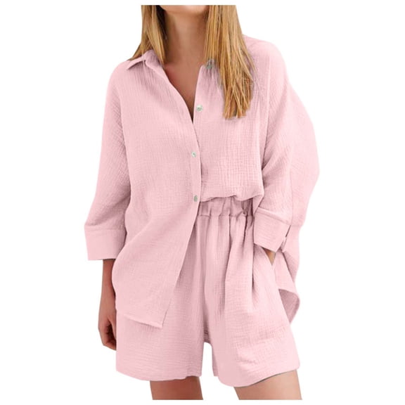 Women's Lightweight Crepe Pajama Set Comfortable Long Sleeve Top And Shorts Casual Wear Soft Home Outfit