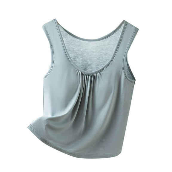 Women's Lightweight Crew Neck Tank Top With Built In Bra Sleeveless Loose Fit Casual Comfy Tee Trendy Ruched Stretchy Shirt Solid Color Vest Soft Home Fitness Wear