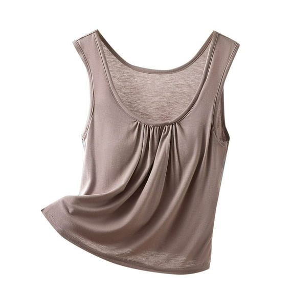 Women's Lightweight Crew Neck Tank Top With Built In Bra Sleeveless Loose Fit Casual Comfy Tee Trendy Ruched Stretchy Shirt Solid Color Vest Soft Home Fitness Wear