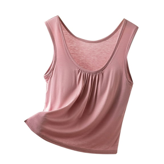 Women's Lightweight Crew Neck Tank Top With Built In Bra Sleeveless Loose Fit Casual Comfy Tee Trendy Ruched Stretchy Shirt Solid Color Vest Soft Home Fitness Wear