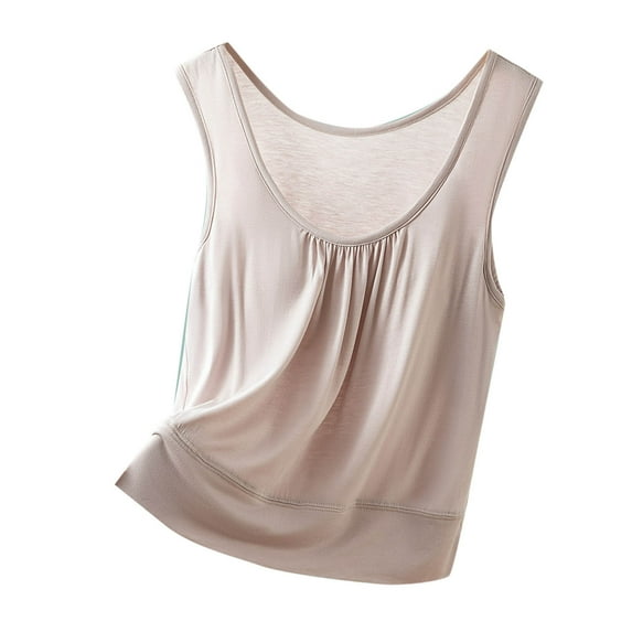Women's Lightweight Crew Neck Tank Top With Built In Bra Sleeveless Loose Fit Casual Comfy Tee Trendy Ruched Stretchy Shirt Solid Color Vest Soft Home Fitness Wear