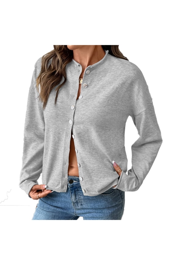 Women's Lightweight Crewneck Cardigan Sweater Knit Long Sleeve Single Button Breasted Solid Sweater Shirts Tops (L, Gray)