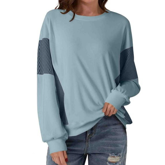 Women's Lightweight Crewneck Sweatshirts Patchwork Loose Baggy Pullovers Long Sleeve Casual Workout Fall Tops (S, Blue)