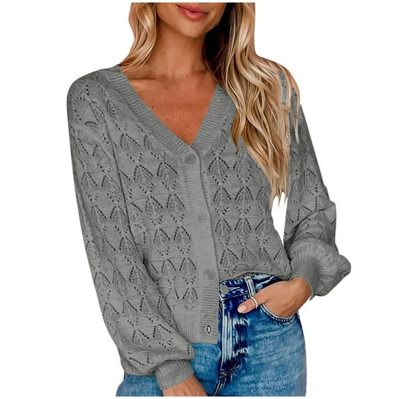 Women's Lightweight Crochet Cropped Cardigan 2024 V Neck Long Sleeve Button Down Bolero Shrug Sweater Tops
