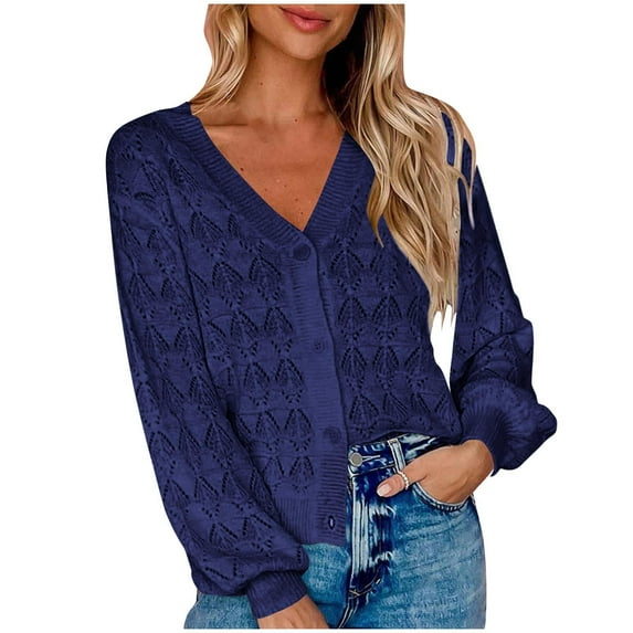 Women's Lightweight Crochet Cropped Cardigan 2024 V Neck Long Sleeve Button Down Bolero Shrug Sweater Tops