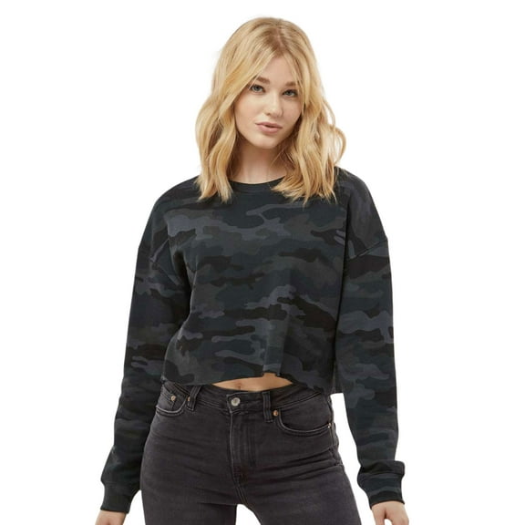 Women's Lightweight Crop Crewneck Sweatshirt, 80/20 Cotton/Polyester Fleece Long Sleeve Winter Sweater (Black Camo 1 Pack, M)