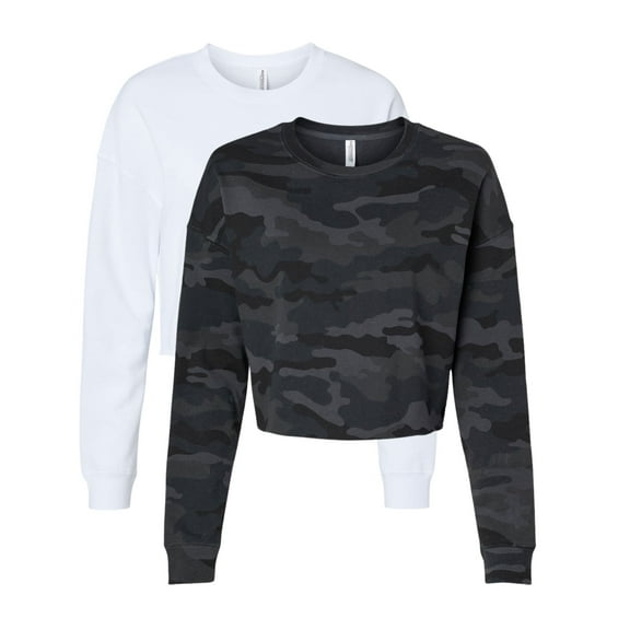Women's Lightweight Crop Crewneck Sweatshirt, 80/20 Cotton/Polyester Fleece Long Sleeve Winter Sweater (Grey Black Camo White 2 Pack, XS)