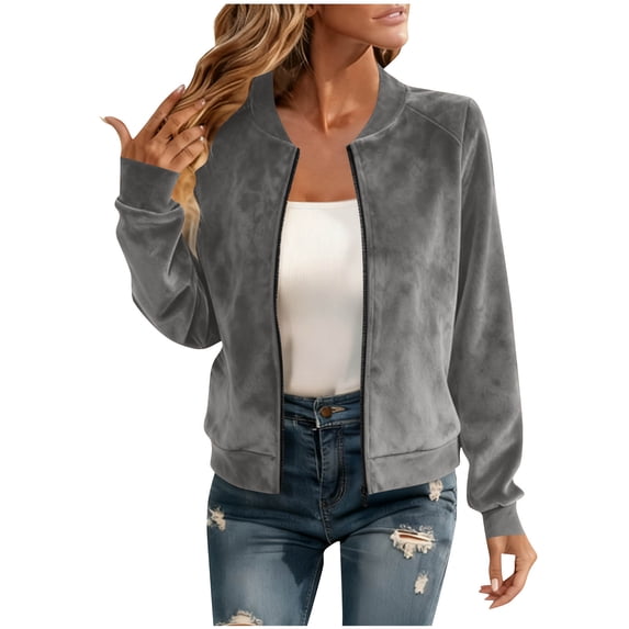 Women’s Lightweight Cropped Bomber Jacket 2025 Fall Casual Loose Fit Long Sleeve Zip Up Windproof Faux Suede Style Outerwear Coat with Pockets,Gray,XL