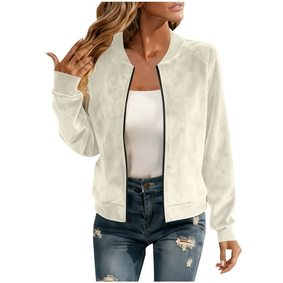 Women’s Lightweight Cropped Bomber Jacket 2025 Fall Casual Loose Fit Long Sleeve Zip Up Windproof Faux Suede Style Outerwear Coat with Pockets,White,S