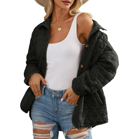 Women's Lightweight Diamond Quilted Jacket Casual Winter Open Front Button Down Puffer Coat Outwear Cardigan