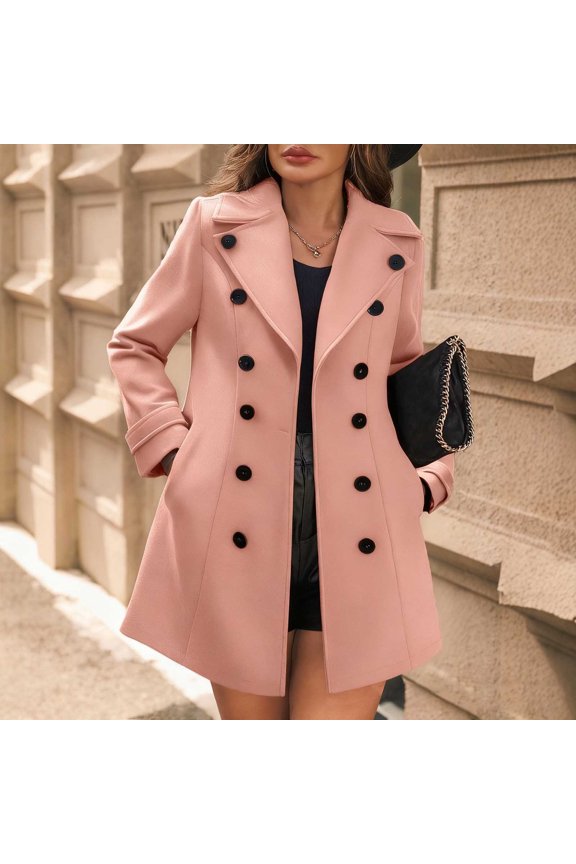 Women's Lightweight Double Breasted Coat Solid Color Lapel Collar Slim Fit Long Sleeve Jacket