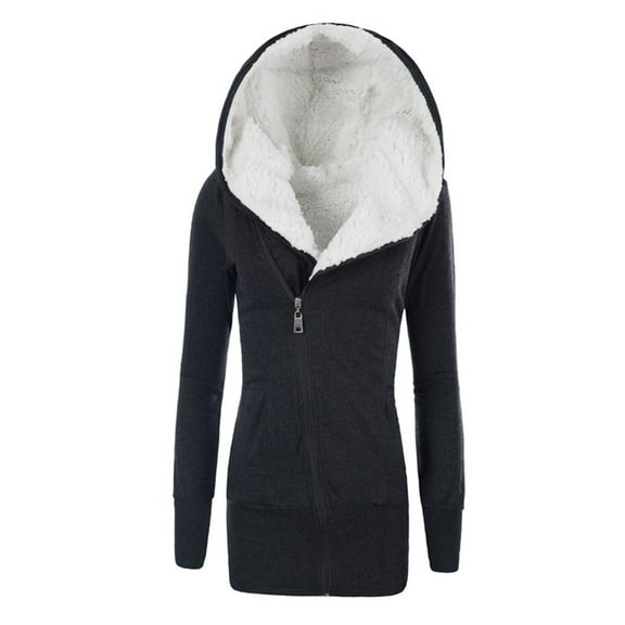 Women's Lightweight Fall Coat Thickened Medium Length Hooded Slim Zipper Casual Sweater