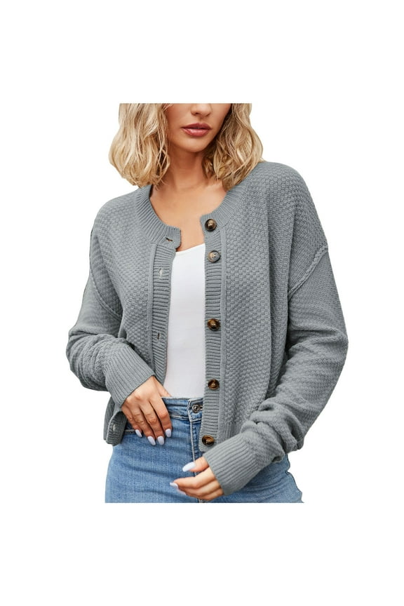 Women's Lightweight Fall Sweater Cardigans Waffle Button Down Crop Knit Jacket Long Sleeve Casual Short Outwear (Large, Gray)