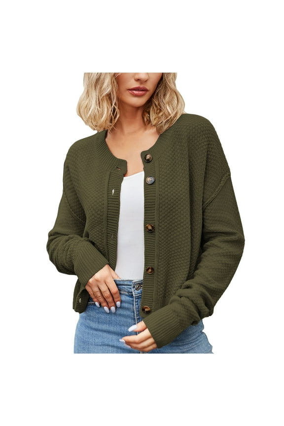 Women's Lightweight Fall Sweater Cardigans Waffle Button Down Crop Knit Jacket Long Sleeve Casual Short Outwear (Medium, Green)