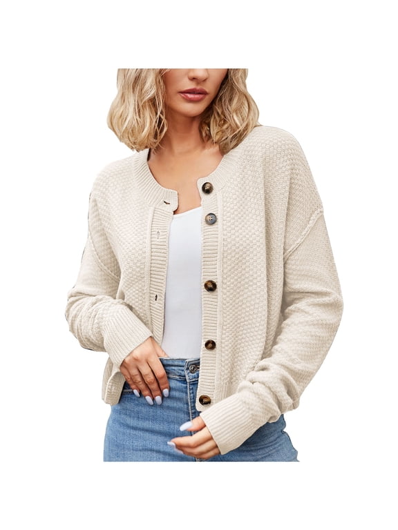 Women's Lightweight Fall Sweater Cardigans Waffle Button Down Crop Knit Jacket Long Sleeve Casual Short Outwear (X-Large, Beige)