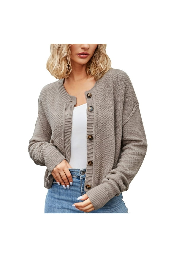 Women's Lightweight Fall Sweater Cardigans Waffle Button Down Crop Knit Jacket Long Sleeve Casual Short Outwear (X-Large, Khaki)