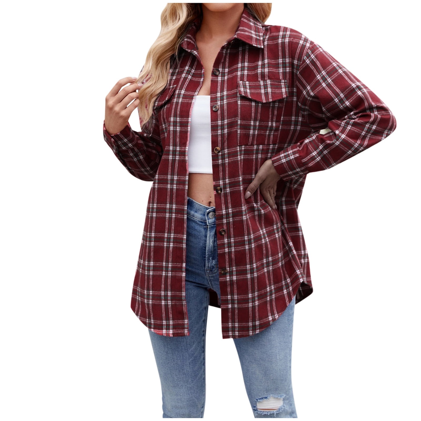 Button Down Oversized Flannel Plaid Print Shirt Jacket
