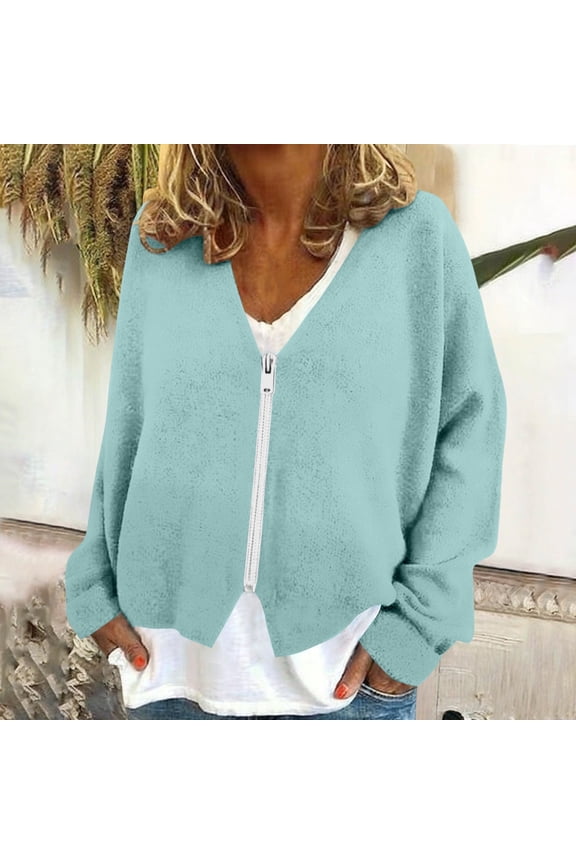 Women's Lightweight Flannel Zipper Jacket, Solid Color Thin Casual Outerwear for Women, Comfortable Fall and Spring Layering Piece, Daily Wear Relaxed Fit Cardigan Style Blue M