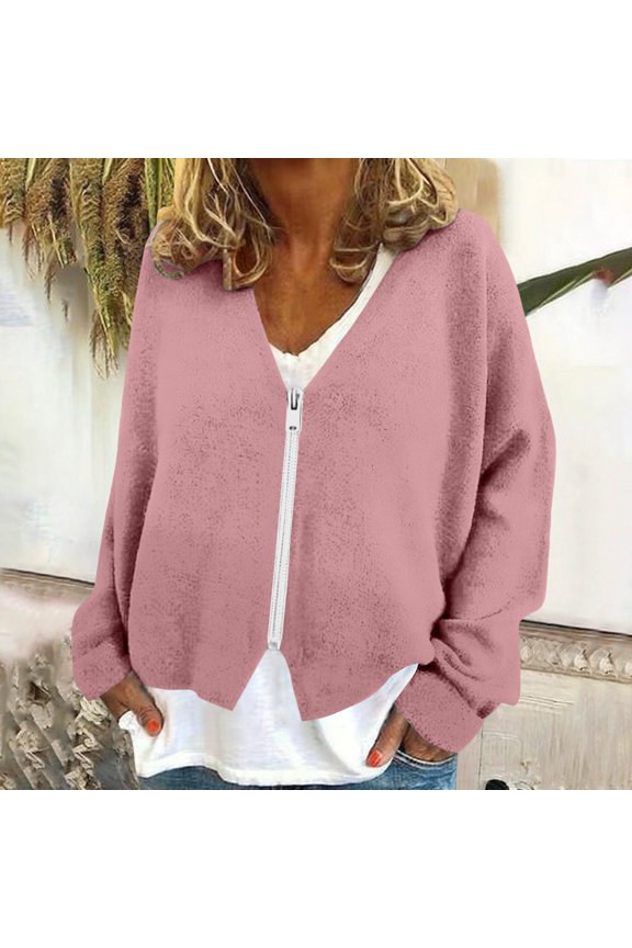 Women's Lightweight Flannel Zipper Jacket, Solid Color Thin Casual Outerwear for Women, Comfortable Fall and Spring Layering Piece, Daily Wear Relaxed Fit Cardigan Style Pink XXL
