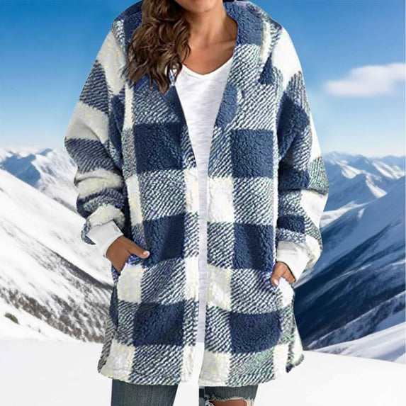 Women's Lightweight Fleece Jacket with Hood and Plaid Design for Winter Warmth and Mid-Length Comfort