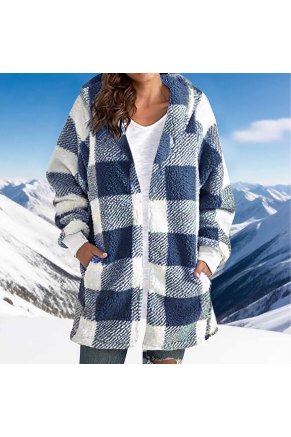 Women's Lightweight Fleece Jacket with Hood and Plaid Design for Winter Warmth and Mid-Length Comfort