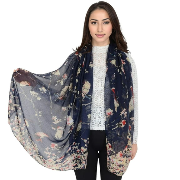 Women's Lightweight Floral Birds Print Scarf Cotton Linen Shawls Wrap Scarves- Navy Blue