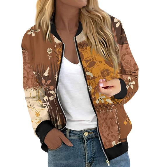 Women's Lightweight Floral Print Bomber Jacket Casual Zip-Up Long Sleeve Jacket with Pockets for Spring and Fall