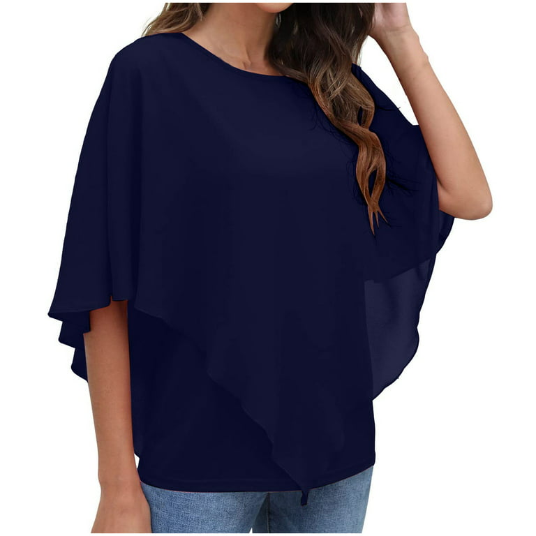 Women's Lightweight Flowy Shirt Double-Layered Plain Color Chiffon Poncho  Blouse Top Short Sleeve Crewneck T Shirts 