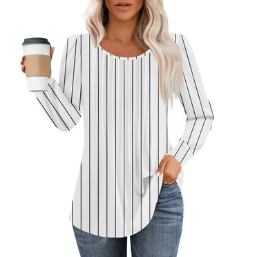 Women's Lightweight Flowy Shirt Women's Fashion Casual Pleated Round Neck Printed Long Sleeve T-Shirt Top