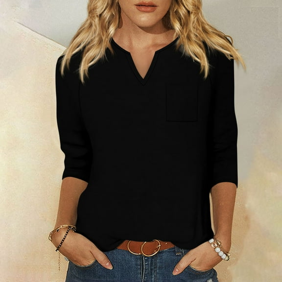Women's Lightweight Flowy Shirt Women's Fashion Shirt Casual Raglan Sleeve Pocket V Neck 3/4 Sleeve Loose Printed T-shirt Women's Top