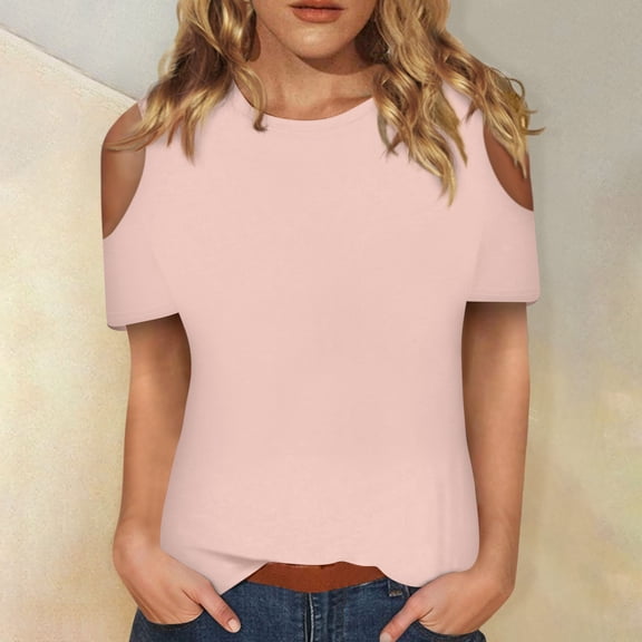 Women's Lightweight Flowy Shirt Women's Fashion Short Sleeves Off The Shoulder Round Neck T Shirts Casual Summer Tops Basic Tees
