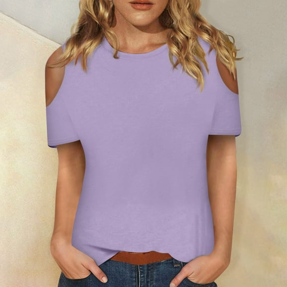 Women's Lightweight Flowy Shirt Women's Fashion Short Sleeves Off The Shoulder Round Neck T Shirts Casual Summer Tops Basic Tees