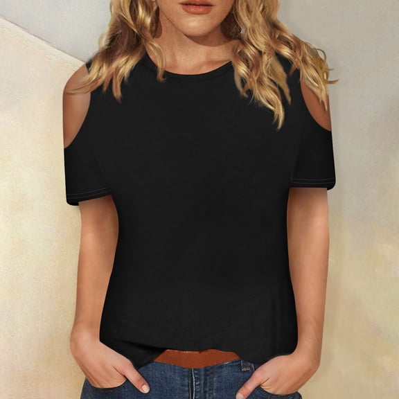 Women's Lightweight Flowy Shirt Women's Fashion Short Sleeves Off The Shoulder Round Neck T Shirts Casual Summer Tops Basic Tees