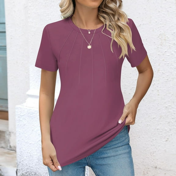 Women's Lightweight Flowy Shirt Women's Round Neck Short Sleeved Pleated Solid Color Short Sleeved Top
