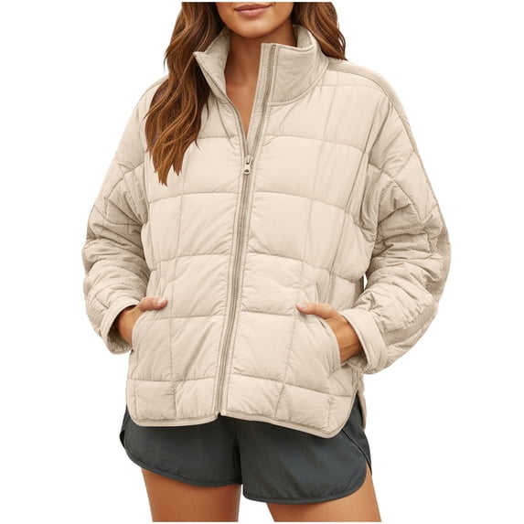 Women's Lightweight Full Zip Coats Long Sleeve Quilted Oversized Packable Short Padded Puffer Jackets with Pockets (L, Beige)