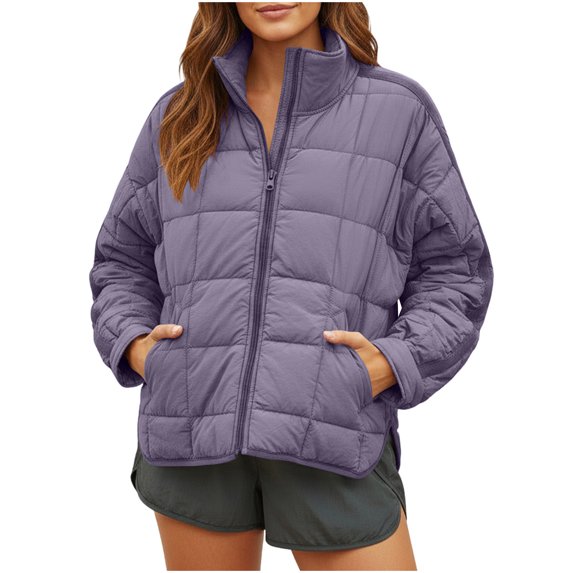 Women's Lightweight Full Zip Coats Long Sleeve Quilted Oversized Packable Short Padded Puffer Jackets with Pockets (XL, Purple)